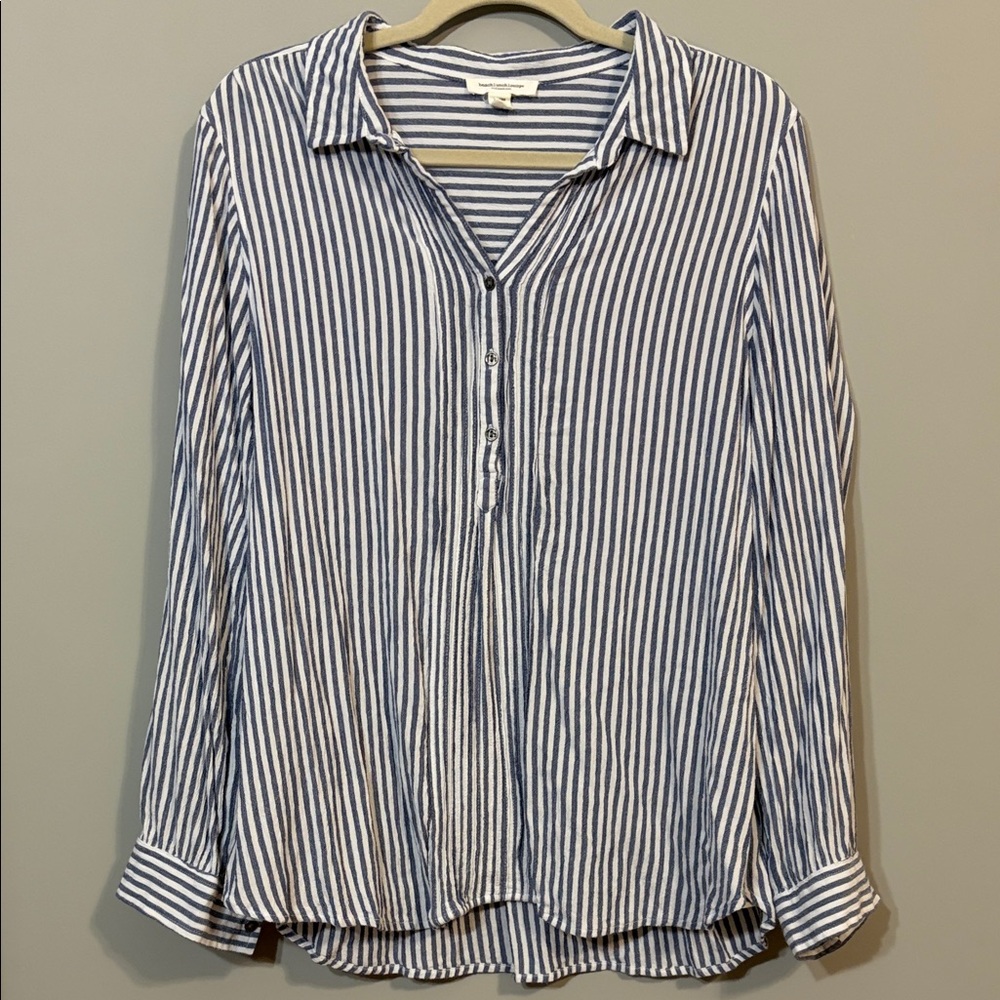 beachlunchlounge Blue and White Striped Textured Pintuck Henley Button Shirt